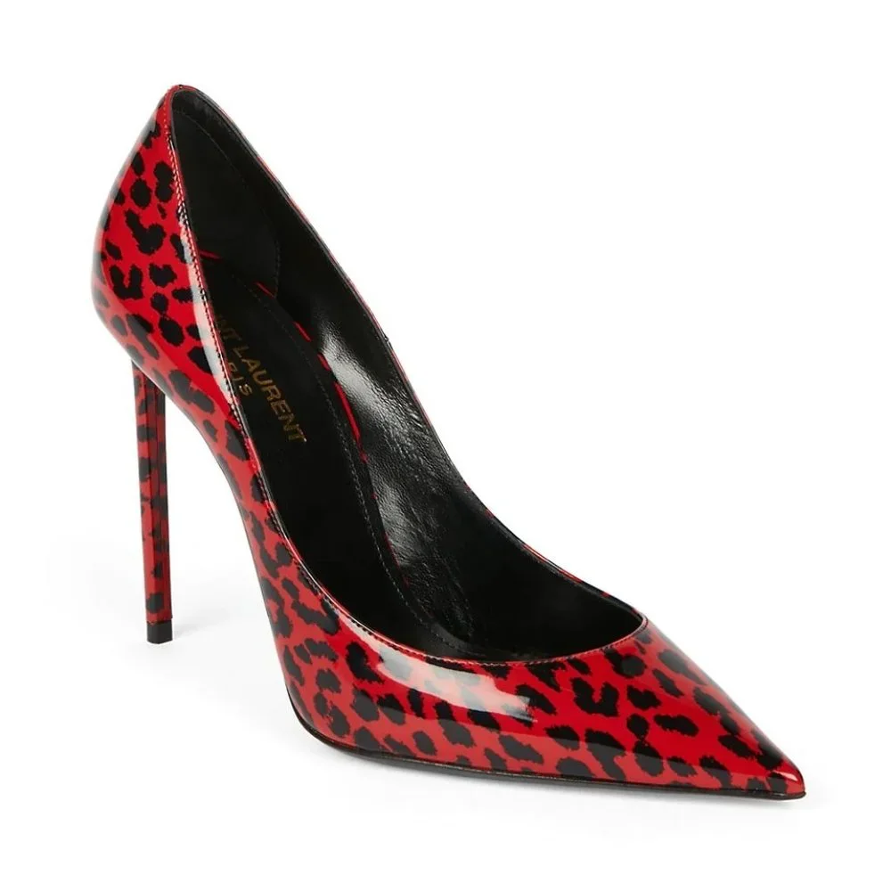 Saint Laurent ZOE 85MM Red Leopard Animal Print Patent Leather Pumps - Picture 2 of 12